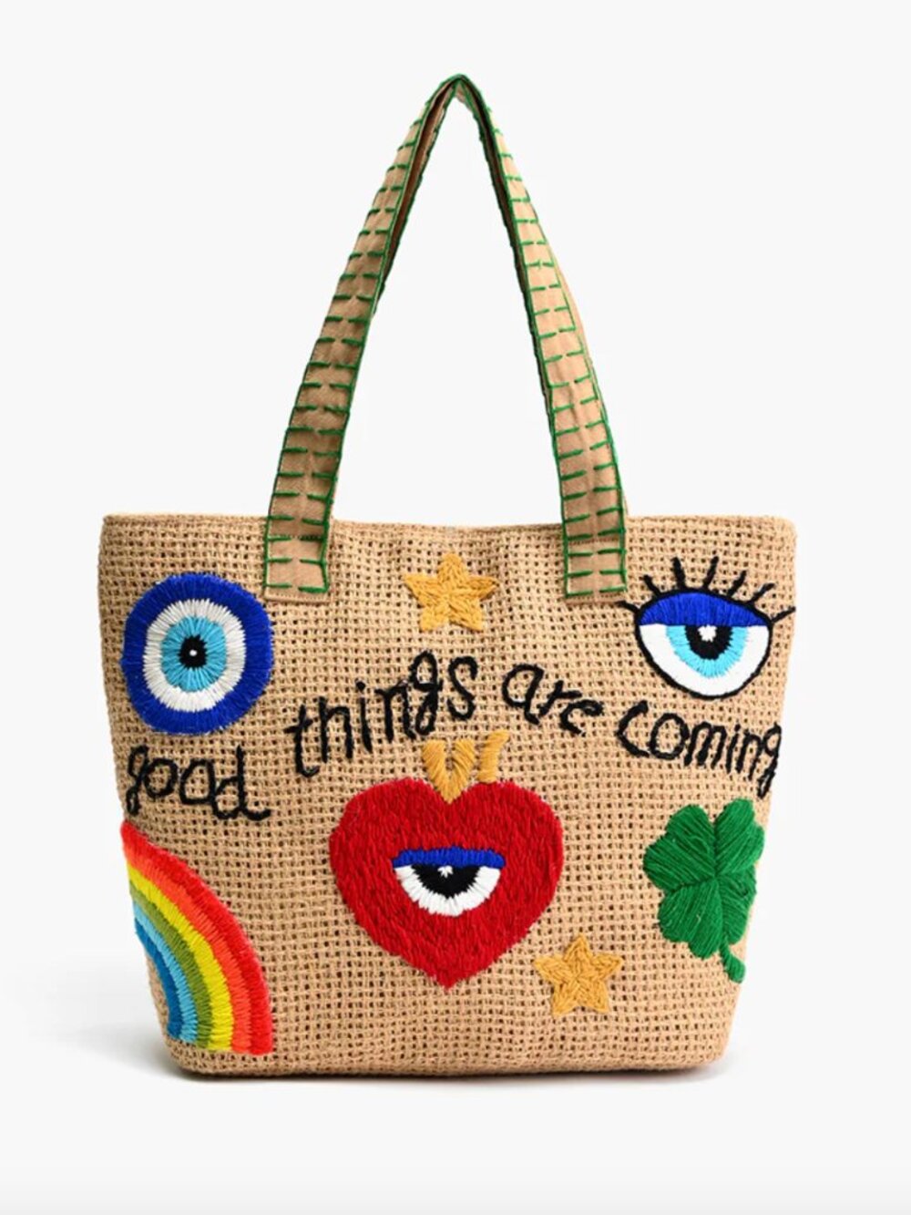 America & Beyond Good Things Are Coming Embroidered Jute Tote Handbag NWT